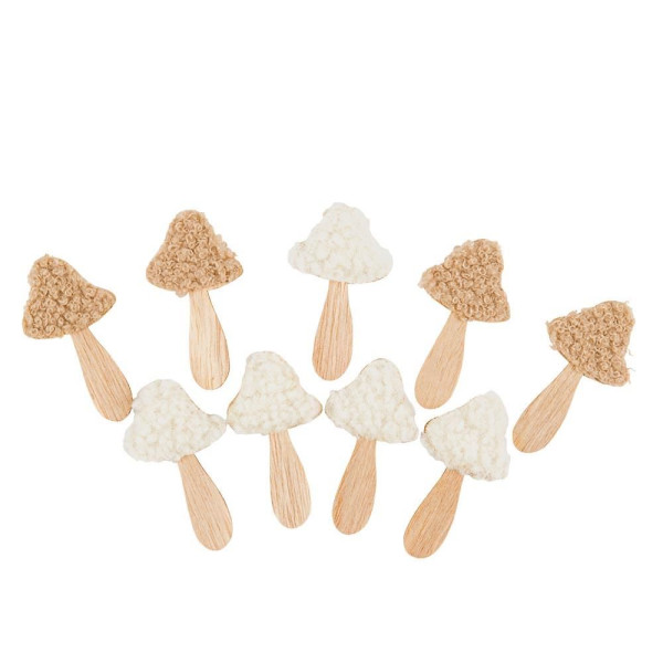 Beauty Home Σετ 9 Αυτοκόλλητων Ξύλινων Μανιταριών με Τσόχα Ταμπά & Λευκό 6,5×3,5cm